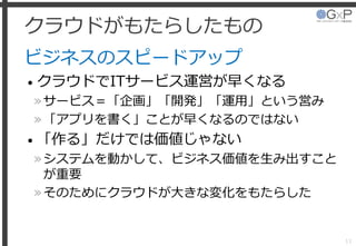クラウドがもたらしたもの
ビジネスのスピードアップ
• クラウドでITサービス運営が早くなる
»サービス＝「企画」「開発」「運用」という営み
»「アプリを書く」ことが早くなるのではない
• 「作る」だけでは価値じゃない
»システムを動かして、ビジネス価値を生み出すこと
が重要
»そのためにクラウドが大きな変化をもたらした
11
 