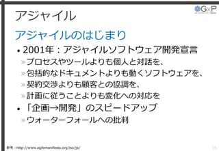 アジャイル
アジャイルのはじまり
• 2001年：アジャイルソフトウェア開発宣言
»プロセスやツールよりも個人と対話を、
»包括的なドキュメントよりも動くソフトウェアを、
»契約交渉よりも顧客との協調を、
»計画に従うことよりも変化への対応を
• 「企画→開発」のスピードアップ
»ウォーターフォールへの批判
15参考：http://www.agilemanifesto.org/iso/ja/
 