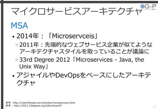 マイクロサービスアーキテクチャ
MSA
• 2014年：「Microservceis」
»2011年：先端的なウェブサービス企業が似てような
アーキテクチャスタイルを取っていることが議論に
»33rd Degree 2012「Microservices - Java, the
Unix Way」
• アジャイルやDevOpsをベースにしたアーキテ
クチャ
32
参考：http://martinfowler.com/articles/microservices.html
参考： http://2012.33degree.org/talk/show/67
 