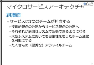 マイクロサービスアーキテクチャ
組織面
• サービスは1つのチームが担当する
»技術的観点の分割からサービス観点の分割へ
»それぞれが適切なリズムで活動できるようになる
»大型システムにおいても自主性をもったチーム運営
を可能にする
»たくさんの（優秀な）アジャイルチーム
35
 