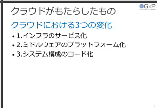 クラウドがもたらしたもの
クラウドにおける3つの変化
• 1.インフラのサービス化
• 2.ミドルウェアのプラットフォーム化
• 3.システム構成のコード化
5
 