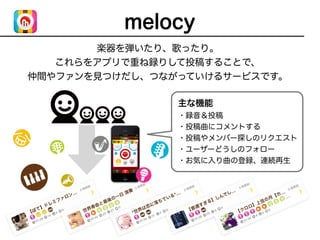 melocy
主な機能
・録音＆投稿
・投稿曲にコメントする
・投稿やメンバー探しのリクエスト
・ユーザーどうしのフォロー
・お気に入り曲の登録、連続再生
楽器を弾いたり、歌ったり。
これらをアプリで重ね録りして投稿することで、
仲間やファンを見つけだし、つながっていけるサービスです。
 