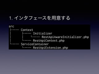 1. インタフェースを用意する
src
├── Context
│   ├── Initializer
│   │   └── RestApiAwareInitializer.php
│    └── RestApiContext.php
└── ServiceContainer
└── RestApiExtension.php
 