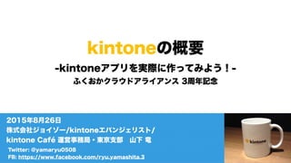 kintoneと初心者SIerの
ハッピーパターン
-kintoneアプリを実際に作ってみよう！-
ふくおかクラウドアライアンス 3周年記念
Twitter: @yamaryu0508
FB: https://www.facebook.com/ryu.yamashita.3
2015年8月26日
株式会社ジョイゾー/kintoneエバンジェリスト/
kintone Café 運営事務局・東京支部 山下 竜
スマホを持ってない恥ずかしい人ですorz
 