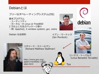 Debianとは
フリーなオペレーティングシステム(OS)
基本プログラム
・ユーティリティ
・カーネル  -‐‑‒à  Linux  or  FreeBSD
2  万以上にも及ぶパッケージ数々
・例例:  Apache2,  X  window  system,  gcc.  extra

Debian  社会契約                                 イアン・マードック
                                             (Ian  Murdock)



              リチャード・ストールマン
              （Richard  Matthew  Stallman）

                                                         リーナス・トーバルズ
                                                         （Linus  Benedict  Torvalds)
              http://www.gnu.org/
              japan/manifesto-‐‑‒1993j-‐‑‒
              plain.html                               Tux
 