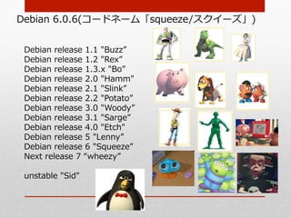 Debian  6.0.6(コードネーム「squeeze/スクイーズ」)  


 Debian  release  1.1  "Buzz”
 Debian  release  1.2  "Rex”
 Debian  release  1.3.x  "Bo”
 Debian  release  2.0  "Hamm"
 Debian  release  2.1  "Slink”
 Debian  release  2.2  "Potato”
 Debian  release  3.0  "Woody”
 Debian  release  3.1  "Sarge”
 Debian  release  4.0  "Etch"
 Debian  release  5  "Lenny”
 Debian  release  6  "Squeeze”
 Next  release  7  “wheezy”

 unstable  "Sid"
 