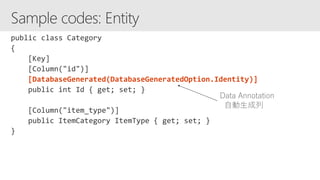 [DatabaseGenerated(DatabaseGeneratedOption.Identity)]
Data Annotation
自動生成列
 