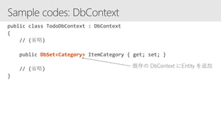 DbContext
DbSet<Category>
既存の DbContext にEntity を追加
 