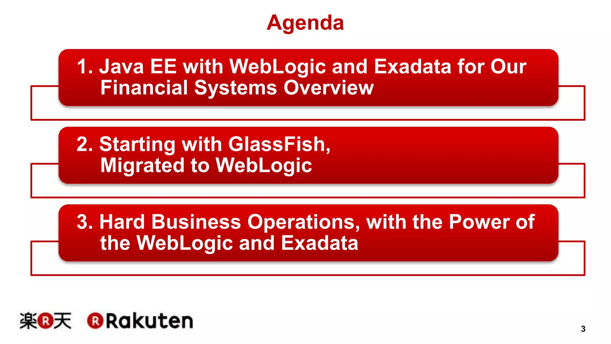 3 
Agenda 
1. Java EE with WebLogic and Exadata for Our 
Financial Systems Overview 
2. Starting with GlassFish, 
Migrated to WebLogic 
3. Hard Business Operations, with the Power of 
the WebLogic and Exadata 
 