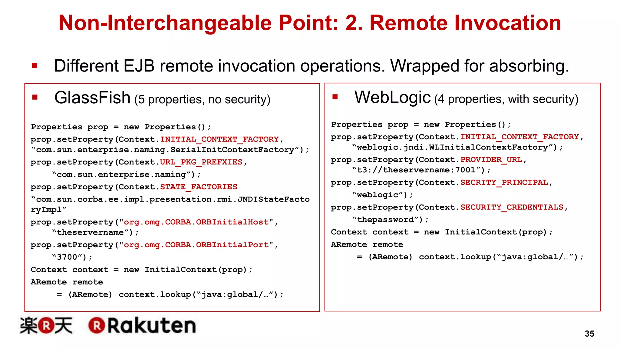 35 
Non-Interchangeable Point: 2. Remote Invocation 
 Different EJB remote invocation operations. Wrapped for absorbing. 
 GlassFish (5 properties, no security) 
Properties prop = new Properties(); 
prop.setProperty(Context.INITIAL_CONTEXT_FACTORY, 
“com.sun.enterprise.naming.SerialInitContextFactory”); 
prop.setProperty(Context.URL_PKG_PREFXIES, 
“com.sun.enterprise.naming”); 
prop.setProperty(Context.STATE_FACTORIES 
“com.sun.corba.ee.impl.presentation.rmi.JNDIStateFacto 
ryImpl” 
prop.setProperty("org.omg.CORBA.ORBInitialHost", 
“theservername”); 
prop.setProperty("org.omg.CORBA.ORBInitialPort", 
“3700”); 
Context context = new InitialContext(prop); 
ARemote remote 
= (ARemote) context.lookup(“java:global/…”); 
 WebLogic (4 properties, with security) 
Properties prop = new Properties(); 
prop.setProperty(Context.INITIAL_CONTEXT_FACTORY, 
“weblogic.jndi.WLInitialContextFactory”); 
prop.setProperty(Context.PROVIDER_URL, 
“t3://theservername:7001”); 
prop.setProperty(Context.SECRITY_PRINCIPAL, 
“weblogic”); 
prop.setProperty(Context.SECURITY_CREDENTIALS, 
“thepassword”); 
Context context = new InitialContext(prop); 
ARemote remote 
= (ARemote) context.lookup(“java:global/…”); 
 