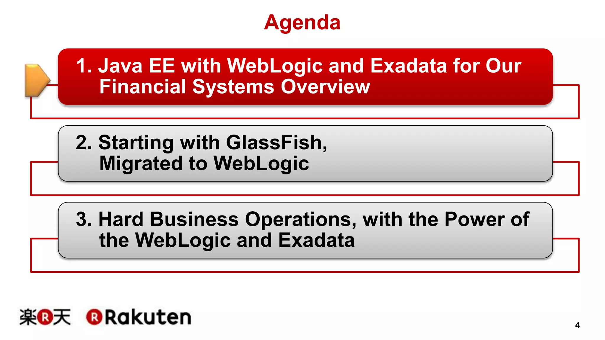 4 
Agenda 
1. Java EE with WebLogic and Exadata for Our 
Financial Systems Overview 
2. Starting with GlassFish, 
Migrated to WebLogic 
3. Hard Business Operations, with the Power of 
the WebLogic and Exadata 
 