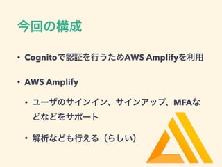 • Cognito AWS Amplify
• AWS Amplify
• MFA
•
 