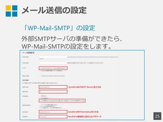メール送信の設定
25
「WP-Mail-SMTP」の設定
外部SMTPサーバの準備ができたら、
WP-Mail-SMTPの設定をします。
 