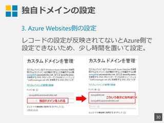 独自ドメインの設定
30
3. Azure Websites側の設定
レコードの設定が反映されてないとAzure側で
設定できないため、少し時間を置いて設定。
 
