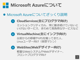 Microsoft Azureについて
 Microsoft Azureについてざっくり説明
7
1 CloudServices(主にプログラマ向け)
ミッションクリティカル、常に動き続けていないと
いけないサービス、きわめて高負荷なサービスなど
2 VirtualMachine(主にインフラ向け)
以前からの移植やVPSを触ってきた人、
Linuxユーザー向け（仮想マシン）
3 WebSites(Webデザイナー向け)
軽量なWebシステムやWebデザイナー、
フロントプログラマ向け
 