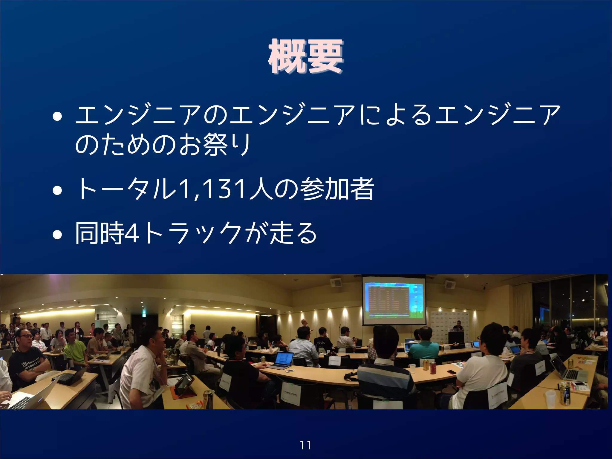 概要

•

エンジニアのエンジニアによるエンジニア
のためのお祭り

•
• 同時4トラックが走る

トータル1,131人の参加者

11

 