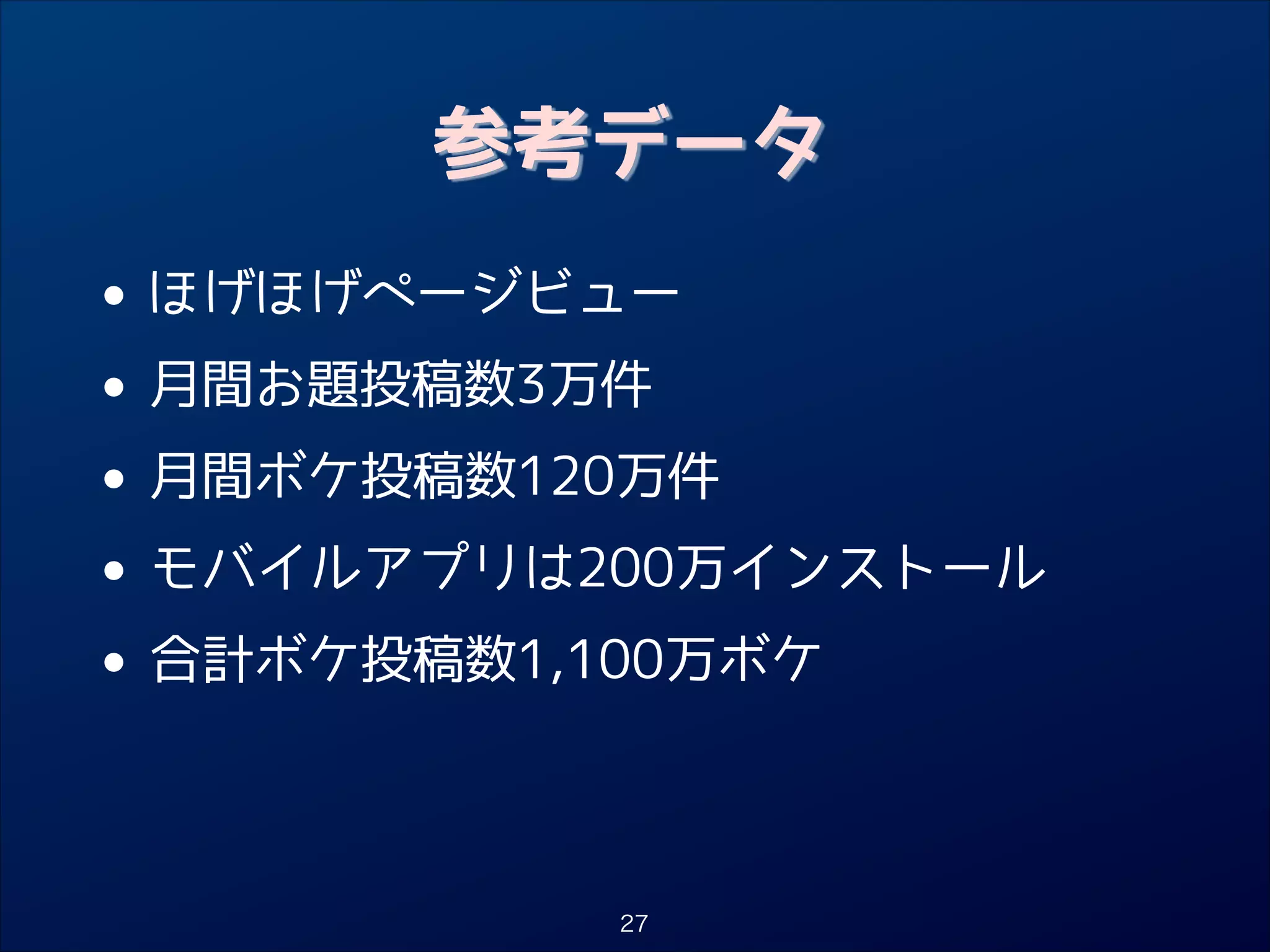 参考データ

•
• 月間お題投稿数3万件
月間ボケ投稿数120万件
•
• モバイルアプリは200万インストール
合計ボケ投稿数1,100万ボケ
•
ほげほげページビュー

27

 