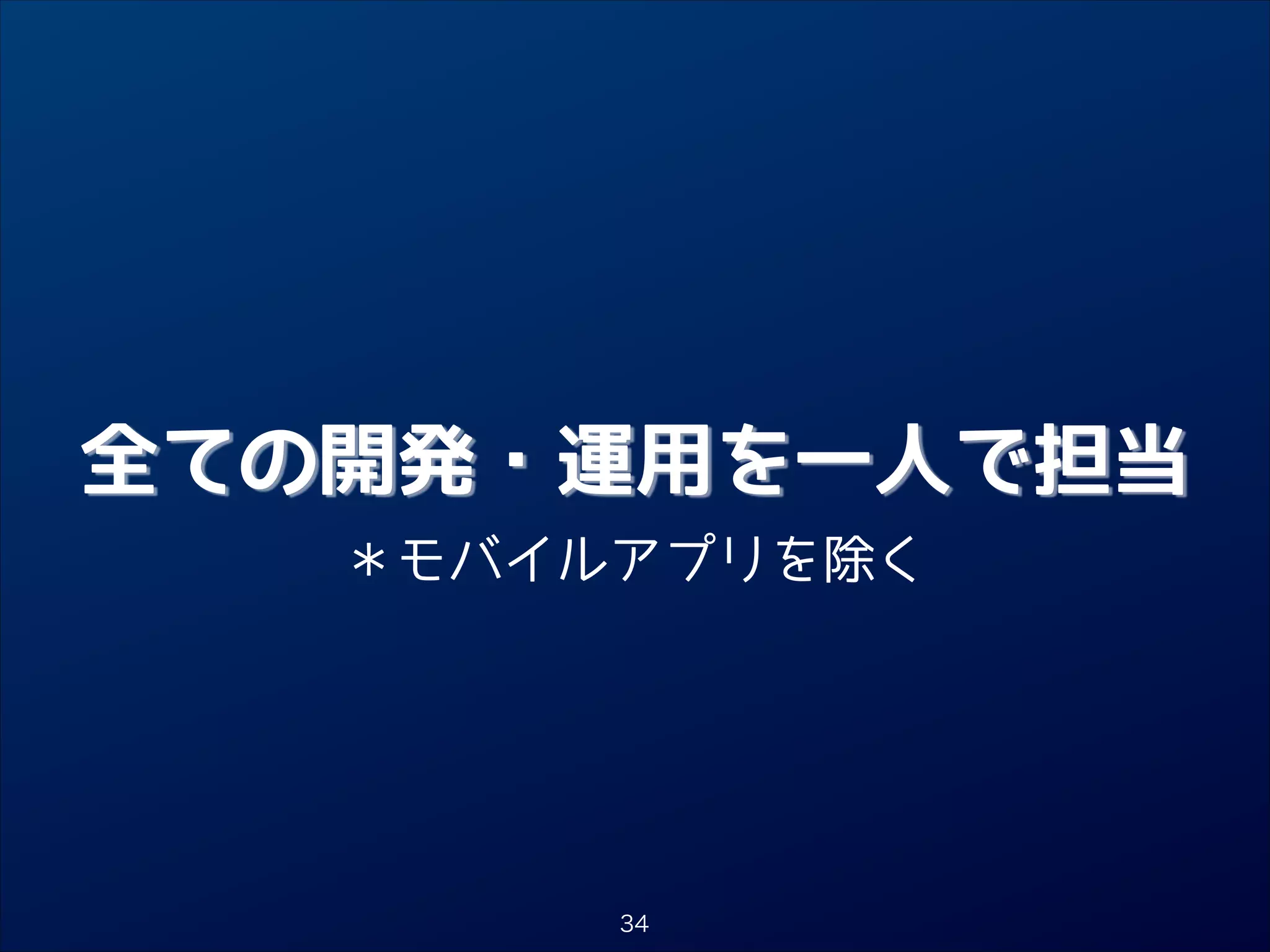 全ての開発・運用を一人で担当
＊モバイルアプリを除く

34

 
