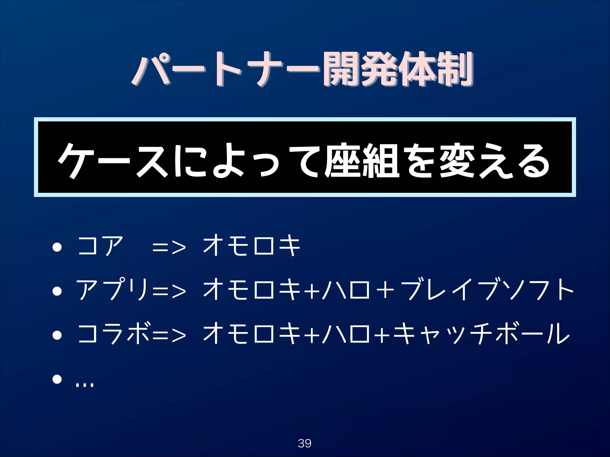 パートナー開発体制
ケースによって座組を変える

• コア = オモロキ
アプリ= オモロキ+ハロ＋ブレイブソフト
•
• コラボ= オモロキ+ハロ+キャッチボール
...
•
39

 