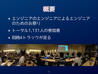 概要

•

エンジニアのエンジニアによるエンジニア
のためのお祭り

•
• 同時4トラックが走る

トータル1,131人の参加者

11

 