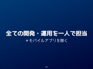 全ての開発・運用を一人で担当
＊モバイルアプリを除く

34

 