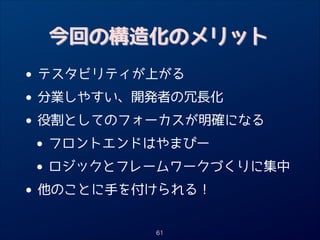今回の構造化のメリット

•
• 分業しやすい、開発者の冗長化
役割としてのフォーカスが明確になる
•
• フロントエンドはやまぴー
ロジックとフレームワークづくりに集中
•
• 他のことに手を付けられる！
テスタビリティが上がる

61

 