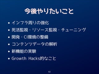 今後やりたいこと

•
• 死活監視・リソース監視・チューニング
開発・CI環境の整備
•
• コンテンツデータの解析
新機能の実験
•
• Growth Hacks的なこと
インフラ周りの強化

62

 