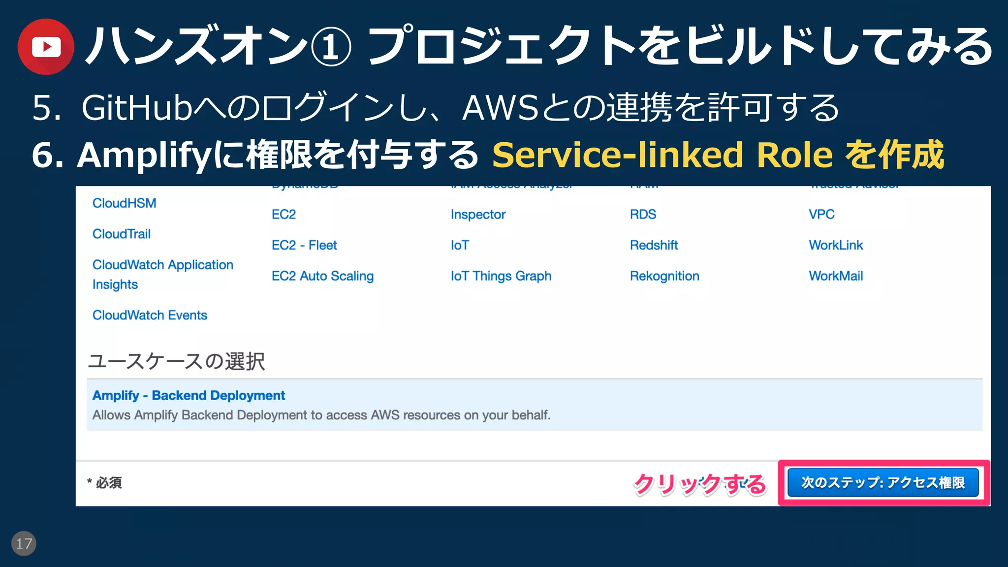 17
ハンズオン① プロジェクトをビルドしてみる
5.  GitHubへのログインし、AWSとの連携を許可する
6.  Amplifyに権限を付与する Service-linked Role を作成
 
