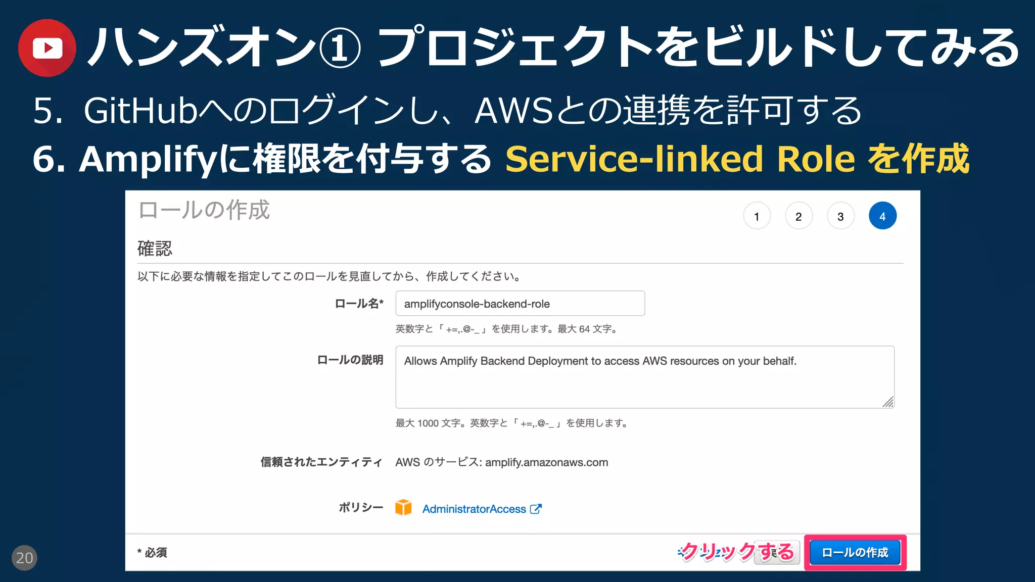 20
ハンズオン① プロジェクトをビルドしてみる
5.  GitHubへのログインし、AWSとの連携を許可する
6.  Amplifyに権限を付与する Service-linked Role を作成
 