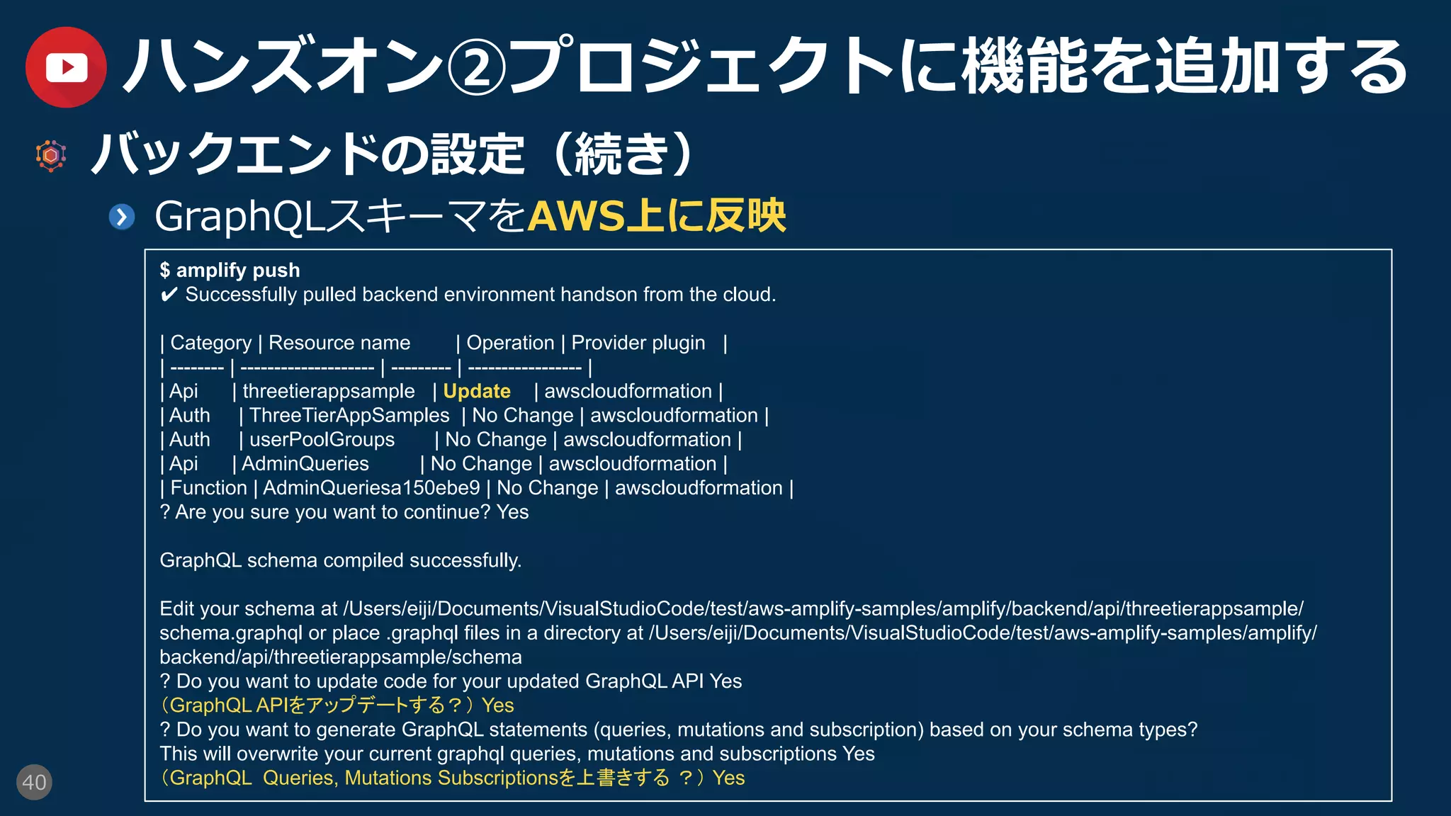 40
ハンズオン②プロジェクトに機能を追加する
  バックエンドの設定（続き）
GraphQLスキーマをAWS上に反映
$ amplify push
✔ Successfully pulled backend environment handson from the cloud.
| Category | Resource name | Operation | Provider plugin |
| -------- | -------------------- | --------- | ----------------- |
| Api | threetierappsample | Update | awscloudformation |
| Auth | ThreeTierAppSamples | No Change | awscloudformation |
| Auth | userPoolGroups | No Change | awscloudformation |
| Api | AdminQueries | No Change | awscloudformation |
| Function | AdminQueriesa150ebe9 | No Change | awscloudformation |
? Are you sure you want to continue? Yes
GraphQL schema compiled successfully.
Edit your schema at /Users/eiji/Documents/VisualStudioCode/test/aws-amplify-samples/amplify/backend/api/threetierappsample/
schema.graphql or place .graphql files in a directory at /Users/eiji/Documents/VisualStudioCode/test/aws-amplify-samples/amplify/
backend/api/threetierappsample/schema
? Do you want to update code for your updated GraphQL API Yes
（GraphQL APIをアップデートする？） Yes
? Do you want to generate GraphQL statements (queries, mutations and subscription) based on your schema types?
This will overwrite your current graphql queries, mutations and subscriptions Yes
（GraphQL Queries, Mutations Subscriptionsを上書きする ？） Yes
 