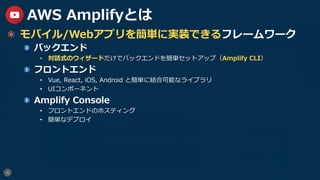 4
AWS Amplifyとは
  モバイル/Webアプリを簡単に実装できるフレームワーク
  バックエンド
•  対話式のウィザードだけでバックエンドを簡単セットアップ（Amplify CLI）
  フロントエンド
•  Vue, React, iOS, Android と簡単に結合可能なライブラリ
•  UIコンポーネント
  Amplify Console
•  フロントエンドのホスティング
•  簡単なデプロイ
 