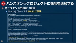 40
ハンズオン②プロジェクトに機能を追加する
  バックエンドの設定（続き）
GraphQLスキーマをAWS上に反映
$ amplify push
✔ Successfully pulled backend environment handson from the cloud.
| Category | Resource name | Operation | Provider plugin |
| -------- | -------------------- | --------- | ----------------- |
| Api | threetierappsample | Update | awscloudformation |
| Auth | ThreeTierAppSamples | No Change | awscloudformation |
| Auth | userPoolGroups | No Change | awscloudformation |
| Api | AdminQueries | No Change | awscloudformation |
| Function | AdminQueriesa150ebe9 | No Change | awscloudformation |
? Are you sure you want to continue? Yes
GraphQL schema compiled successfully.
Edit your schema at /Users/eiji/Documents/VisualStudioCode/test/aws-amplify-samples/amplify/backend/api/threetierappsample/
schema.graphql or place .graphql files in a directory at /Users/eiji/Documents/VisualStudioCode/test/aws-amplify-samples/amplify/
backend/api/threetierappsample/schema
? Do you want to update code for your updated GraphQL API Yes
（GraphQL APIをアップデートする？） Yes
? Do you want to generate GraphQL statements (queries, mutations and subscription) based on your schema types?
This will overwrite your current graphql queries, mutations and subscriptions Yes
（GraphQL Queries, Mutations Subscriptionsを上書きする ？） Yes
 