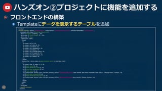 42
ハンズオン②プロジェクトに機能を追加する
  フロントエンドの構築
  Templateにデータを表⽰するテーブルを追加
<section>
<amplify-connect :query="listItemsQuery" :subscription="createItemSubscription" :onSubscriptionMsg="onCreateItem">>
<template slot-scope="{loading, data, errors}">
<div v-if="loading">Loading...</div>
<div v-else-if="errors.length > 0"></div>
<div v-else-if="data">
<table class="table">
<thead>
<tr>
<th scope="col">#</th>
<th scope="col">Item Id</th>
<th scope="col">Name</th>
<th scope="col">Updated At</th>
<th scope="col">Status</th>
<th scope="col">Change status</th>
<th scope="col">Created At</th>
<th scope="col">Description</th>
<th scope="col">Delete</th>
</tr>
</thead>
<tbody v-for="(item, index) in data.listItems.items" v-bind:key="item">
<tr>
<th scope="row">{{ (index+1) }}</th>
<td>{{ item.itemId }}</td>
<td>{{ item.attributes.name }}</td>
<td>{{ item.date.updatedAt }}</td>
<td>{{ item.status }}</td>
<td><button type="button" class="btn btn-primary" @click="updateItemMutation(item.itemId, item.date.createdAt, item.status)">Change status</button></td>
<td>{{ item.date.createdAt }}</td>
<td>{{ item.attributes.description }}</td>
<td><button type="button" class="btn btn-primary" @click="deleteItemMutation(item.itemId)">Delete</button></td>
</tr>
</tbody>
</table>
</div>
</template>
</amplify-connect>
</section>
 