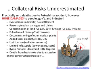 …Collateral Risks Underestimated
Practically zero deaths due to Fukushima accident, however
HUGE DAMAGES to people, gov’t, and industry!
– Evacuations (indefinite) & resettlement
– Personal/medical damages and claims
– Contamination of land (Cs-137, 134) & water (Cs-137, Tritium)
– Fukushima-1 cleanup/fuel recovery
– Decommissioning of other nuclear plants
– Added fossil plants/fuels Oil, LPG
– Lost tourism (radiation concerns)
– Limited mfg.supply (power peaks, costs)
– Kyoto Protocol decommit (CO2 targets)
– Deaths from heatstroke due to excessive
energy conservation (ironically)…
http://whenthecrisishitthefan.com/2012/02/
 