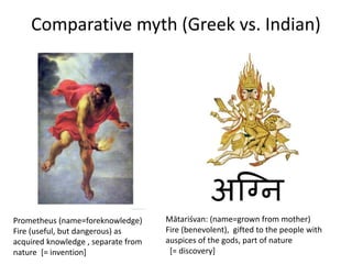 Comparative myth (Greek vs. Indian)
Prometheus (name=foreknowledge)
Fire (useful, but dangerous) as
acquired knowledge , separate from
nature [= invention]
Mātariśvan: (name=grown from mother)
Fire (benevolent), gifted to the people with
auspices of the gods, part of nature
[= discovery]
 