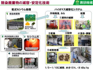 除染廃棄物の減容・安定化技術
①原料の細断
⑤成型処理
③粉砕 ④混合・調製②乾燥
作物残渣、わら 枝葉
乾式セシウム処理 バイオマス減容化システム
1/5～1/10に減容、水分15％、<8 kBq/kg
除去率
99.9％
 