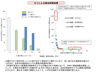 0
50
100
150
200
250
０ ５ １０ ２０ ３０
カリ施用量(kg K2O/10a)
塩化カリ
ケイ酸カリ
カリ肥料の施用なし
玄米中の放射性セシウム濃度（Bq/kg）
カリによる吸収抑制効果
・土壌中でカリ成分がゆっくりと溶け出すく溶性のケイ酸カリに比べ、早く溶け出す速効性の塩化カ
リの方が、玄米中の放射性セシウム濃度の低減率が高い。
・ 23年産の玄米から高濃度の放射性セシウムが検出された地域において、24年に現地試験を実施した
ところ、土壌中の交換性カリ含量が25 mg K2O/100g以上あれば、玄米の放射性セシウム濃度は基準値
以下となり、異なる３地区で確認したところ、いずれの地区でも同様の効果が見られた。
0
200
400
600
800
1,000
1,200
0 20 40 60 80
玄米中の放射性セシウム濃度(Bq/kg)
土壌中の交換性カリ含量(mg K2O/100g)
H23 A地区
H24 B地区
H24 C地区
（グライ土）
（灰色低地土）
（多湿黒ボク土）
カリ肥料を施用せず、土壌中の交換性カリ含量が低い状態
のままだと、高濃度の放射性セシウムが吸収される。
カリ施肥により放射性セシウムの吸収を抑えること
ができる。
（福島県、農林水産省、2013）
 