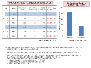 ほ場 玄米の区分
土壌放射性ｾｼｳﾑ
(Bq/kg)
土壌交換性カリ
(mg K2O/100g)
カリ施肥量
(K2O-kg/10a)
稲わら
還元状況
用 水
Ａ
ア 基準値超え 1,826 6.2 6.0 持ち出し 河川
イ 未検出 1,892 29.3 6.0 全量還元 河川
ウ 未検出 2,234 28.7 6.0 全量還元 河川
B
ア 基準値超え 2,783 5.6 3.2 持ち出し 河川
イ 未検出 2,088 27.6 6.4 全量還元 河川
ウ 未検出 1,541 17.6 6.4 全量還元 河川
100 Bq/kg超の米が検出されたほ場と近隣の未検出ほ場との比較
0
5
10
15
20
25
稲わら還元 稲わら持ち出し
土壌中の交換性カリ含量(mgK20/100g)
稲わらの取扱による土壌中の
交換性カリ含量への影響
・24年産で基準を超過した米が生産された水田では、土壌の交換性カリ含量が低く、各ほ場とも、稲わらをほ場から持ち出しており、これによ
り土壌中の交換性カリ含量が低かったものと考えられる。
・稲わらにはカリウムが多く含まれているため、これをほ場に還元すると土壌中の交換性カリ含量を維持しやすくなる。
・実際に、約20年間稲わらを土壌に還元した水田と、持ち出した水田各1ほ場について土壌中の交換性カリ含量を調査したと
ころ、持ち出した水田の土壌中の交換性カリ含量は、還元した水田の約半分であった。
・一般に、交換性カリ含量が低くなりやすいほ場として、以下のほ場が挙げられる。
→ 長年稲わらの還元、たい肥の施用等が行われていないほ場
→ 自家用等で長い間カリ肥料の施用が行われていないほ場
→ 砂質土壌など保肥力の弱いほ場
（福島県、農林水産省、2013） （福島県、農林水産省、2013）
 