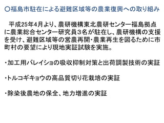 ○福島市駐在による避難区域等の農業復興への取り組み
平成25年4月より、農研機構東北農研センター福島拠点
に農業総合センター研究員３名が駐在し、農研機構の支援
を受け、避難区域等の営農再開・農業再生を図るために市
町村の要望により現地実証試験を実施。
・加工用バレイショの吸収抑制対策と出荷調製技術の実証
・トルコギキョウの高品質切り花栽培の実証
・除染後農地の保全、地力増進の実証
 