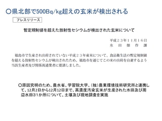 ○県北部で500Bq/kg超えの玄米が検出される
○原因究明のため、農水省、学習院大学、（独）農業環境技術研究所と連携し
て、12月2日から12月12日まで、高濃度汚染玄米が生産された水田及び周
辺水田３１か所について、土壌及び現地調査を実施
 