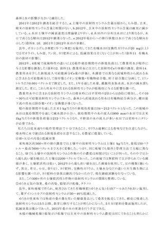 森林と水の影響が大きいと確信した。
2011年と2012年調査を総合すると、a.土壌中の放射性セシウム含量は稲わら、もみ殻、玄米、
精米の放射性セシウム含量と相関がない、b.2012年、玄米中の放射性セシウム含量は確実に減少
している、c.水田土壌中の減衰速度は理論値より早い、d.水田内の分布は水田により異なるが、水
口で高くなる傾向は2012年顕著となった、e.2012年稲わらへの移行係数は水口で高くなる傾向を
示した（資料9．10. 2011年と2012年水田の挙動）。
長年、ボカシとげんき堆肥（牛フン堆肥）を施用してきた有機水田(交換性カリウムが20 mg以上)
ではゼオライト、もみ殻、クン炭、カリ肥料による、低減効果は全くないことが判った（資料11 有機水
田の資材の影響）。
2012年、4地域で流域特性の違いによる稲作栽培期間中の新規負荷として農業用水が稲作に
与える影響を調査した（資料12．資料13．農業用水に注目した放射性Csの挙動の調査、資料14．
農業用水を介した新規流入可給態画分Cs量の評価）。本調査では異なる流域特性から流れる水
に含まれる可給態画分として溶存態とイオン交換態・有機物結合態、粒子結合態に分画して、１リッ
トル当たり0.001ベクレルまで測定した。また、１年を通した水量、灌漑用水取水高、水田の減水深も
測定した。更に、これら用水中に含まれる放射性セシウムが稲栽培に与える影響を調べた。
農業用水中に含まれる放射性セシウムは増水時には平常時の2倍から115倍に増加し、その10
〜30％は可給態放射性セシウムであった。森林から直接流れる用水は有機物結合画分が、棚田最
下流の用水は溶存態・イオン交換態が多くなった。
稲の栽培期間中を通した玄米1 kg当たりの新規負荷量は34〜212ベクレルとなった。この地域の
水田は栽培期間中を通して減水深が小さい。栽培期間中の水の流入は900 mmの水田では玄米
1kg当たりの新規負荷量は212ベクレルとなり、平野部の水の流入が多い水田では常時モニタリン
が必要である。
私たちは従来通りの稲作管理法で十分であること、カリウム過剰による食味などを注意しながら、
増水時に水で運ばれる新規負荷を注意すること、を農家に提案している。
④畑・大豆の汚染と低減対策
東和地区約300ヶ所の畑の調査では土壌中の放射性セシウムは土壌1 kg当たり、最低150ベク
レル〜最高7600ベクレルまで大きく変動した、つまり、同じ地域でも場所と管理方法で大幅に異な
ること、畑でも土壌中の放射性セシウムと作物のその濃度は相関がないことが判った。その中で豆か
ら最も高い値を検出した土壌は2200ベクレルであった。この地域では無肥料で豆が作られている圃
場が多く、土壌肥沃性は低い、2012年から最も高い値を出した圃場を使用して、豆の種類（麹いら
ず、黒豆、青豆、小豆、香り豆）、カリ肥料、交換性カリウム、土壌水分などの違いと共生微生物によ
る影響を調べたが、カリ肥料の効果は劇的でなかったので、現在継続試験を行なっている。
また、この300ヶ所の土壌肥沃性と作物の放射性セシウムの関係も整理している。
⑤ゆうき元気の効果、桑の汚染、稲架がけ乾燥、タケノコ
長年、東和地域で作られ、使用されてきた有機堆肥（ゆうき元気）を10アールあたり0.5トン施用し
て、葉ダイコンとカブの放射性セシウムが30〜40％低減した。
ゆうきの里東和では特産の桑の葉を用いた健康食品として桑茶を販売してきた。樹皮に吸着した
放射性セシウムは5月以降、新芽に移行することが明らかになった。5月カリ肥料を葉面施用したが、
低減効果は僅かであった。2013年桑の木の更新を行う予定である。
水稲の機械乾燥と稲架がけ乾燥では玄米中の放射性セシウム濃度は同じであることも明らかに
 