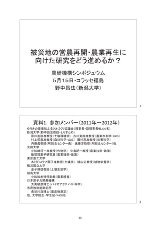 2
1
被災地の営農再開・農業再生に
向けた研究をどう進めるか？
農研機構シンポジュウム
５月１５日・コラッセ福島
野中昌法（新潟大学）
資料1．参加メンバー（2011年～2012年）
ゆうきの里東和ふるさとづくり協議会（理事長・副理事長他270名）
新潟大学（野中昌法教授・とりまとめ）
原田直樹准教授（土壌環境学） 吉川夏樹准教授（農業水利学・ＧＩＳ）
村上拓彦准教授（森林科学・ＧＩＳ） 藤村忍准教授（栄養科学）
内藤眞教授（ＲＩ総合センター長） 後藤淳助教（ＲＩ総合センター）他
茨城大学
小松崎将一准教授（作物学） 中島紀一教授（農業技術・政策）
飯塚理恵子研究員（農業技術・政策）
東京農工大学
木村ドロテア園子准教授（土壌学） 横山正教授（植物栄養学）
横浜国立大学
金子博信教授（土壌生態学）
福島大学
小松知未特任助教（農業経営）
日本原子力開発機構
大貫敏彦博士（バイオアクチノイド科学）
市民放射能測定所
長谷川浩博士（農産物測定）
他、大学院生・学生延べ400名
40
 