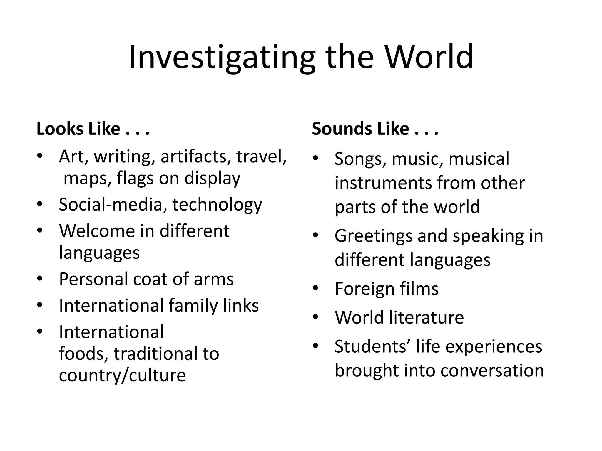 Investigating the World
Looks Like . . .                     Sounds Like . . .
• Art, writing, artifacts, travel,   • Songs, music, musical
   maps, flags on display              instruments from other
• Social-media, technology             parts of the world
• Welcome in different               • Greetings and speaking in
  languages                            different languages
• Personal coat of arms              • Foreign films
• International family links
                                     • World literature
• International
  foods, traditional to              • Students’ life experiences
  country/culture                      brought into conversation
 