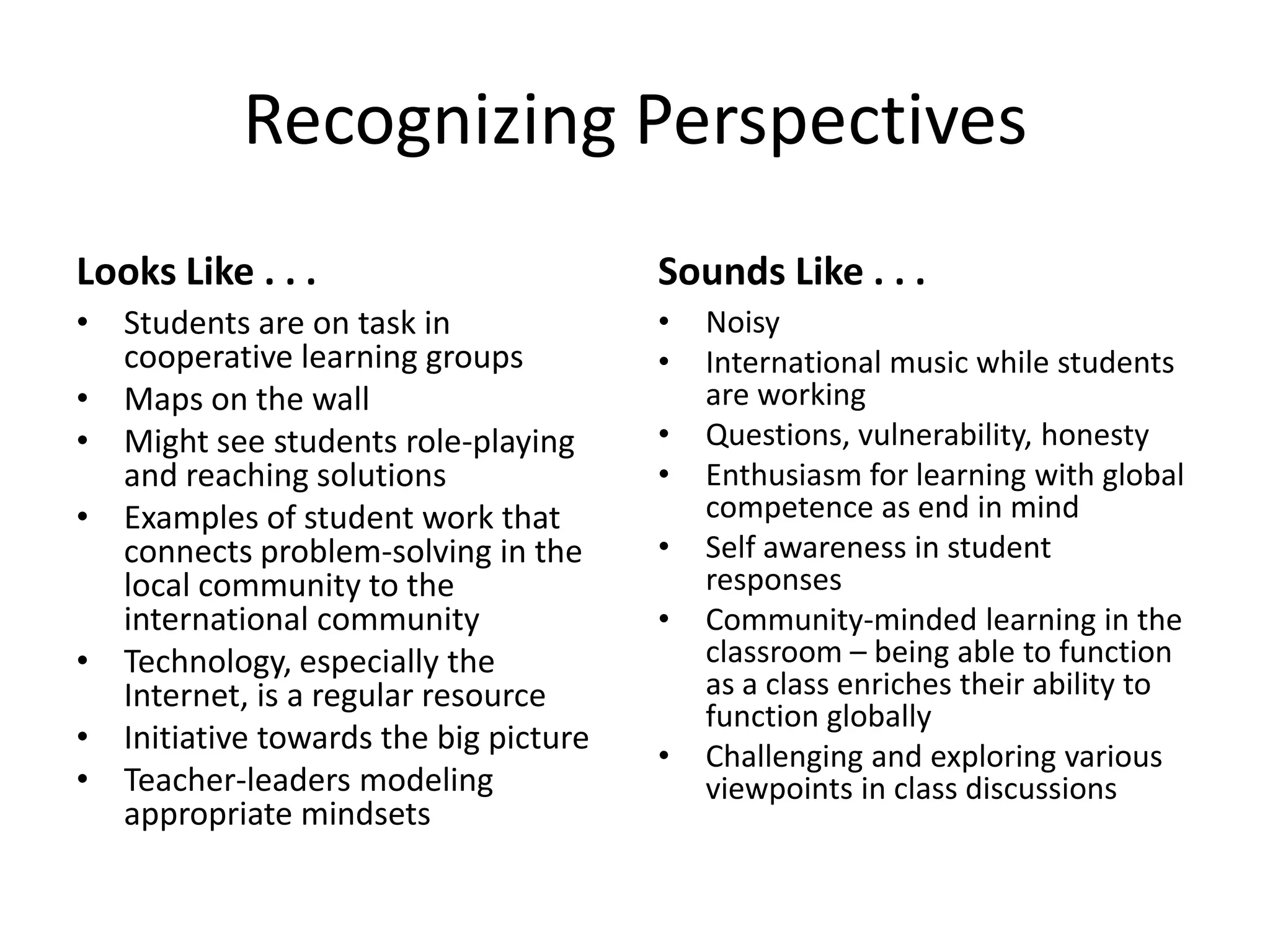 Recognizing Perspectives
Looks Like . . .                       Sounds Like . . .
• Students are on task in              •   Noisy
  cooperative learning groups          •   International music while students
• Maps on the wall                         are working
• Might see students role-playing      •   Questions, vulnerability, honesty
  and reaching solutions               •   Enthusiasm for learning with global
• Examples of student work that            competence as end in mind
  connects problem-solving in the      •   Self awareness in student
  local community to the                   responses
  international community              •   Community-minded learning in the
• Technology, especially the               classroom – being able to function
  Internet, is a regular resource          as a class enriches their ability to
                                           function globally
• Initiative towards the big picture
                                       •   Challenging and exploring various
• Teacher-leaders modeling                 viewpoints in class discussions
  appropriate mindsets
 