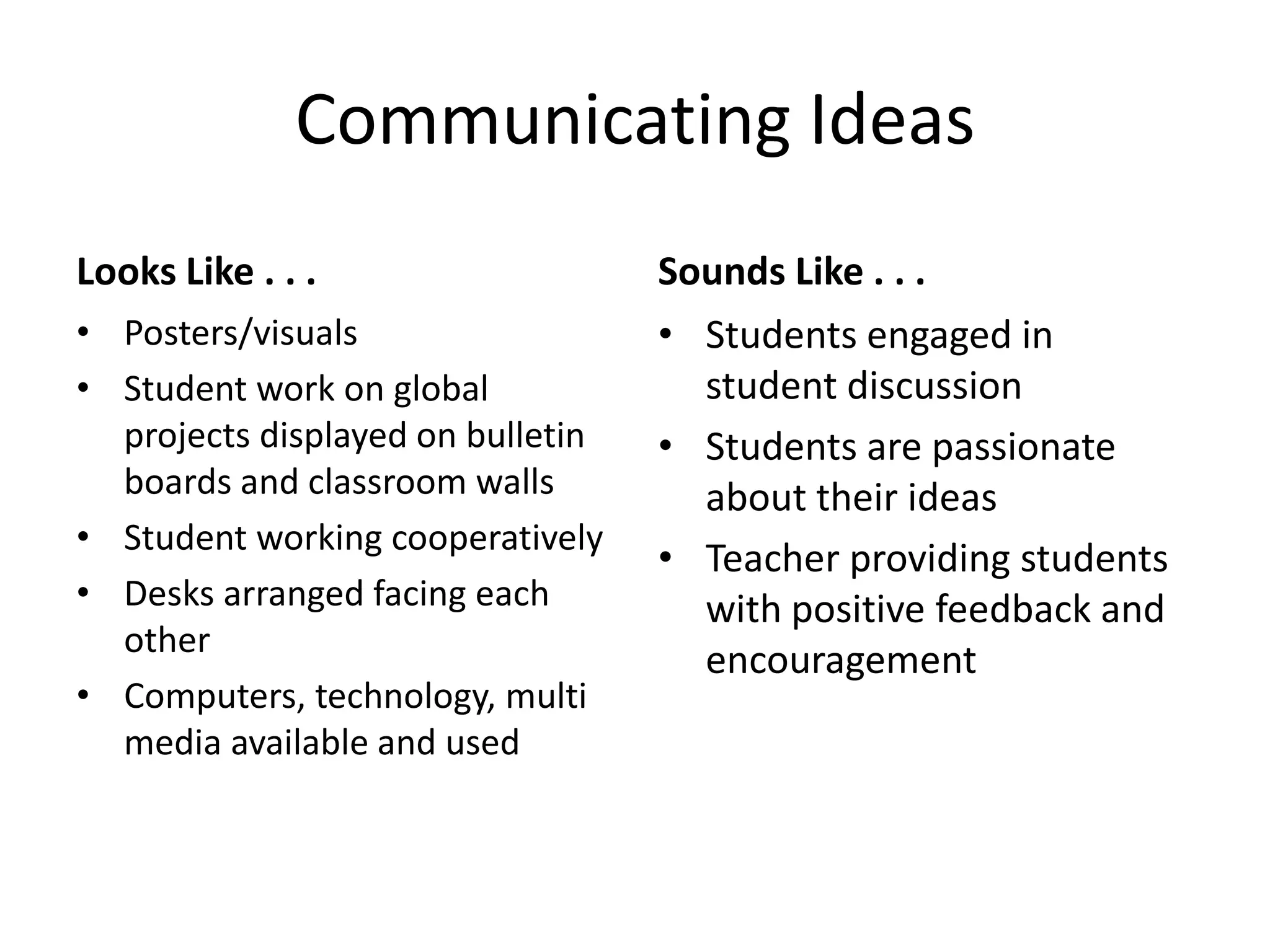 Communicating Ideas
Looks Like . . .                   Sounds Like . . .
• Posters/visuals                  • Students engaged in
• Student work on global             student discussion
  projects displayed on bulletin   • Students are passionate
  boards and classroom walls         about their ideas
• Student working cooperatively
                                   • Teacher providing students
• Desks arranged facing each         with positive feedback and
  other
                                     encouragement
• Computers, technology, multi
  media available and used
 