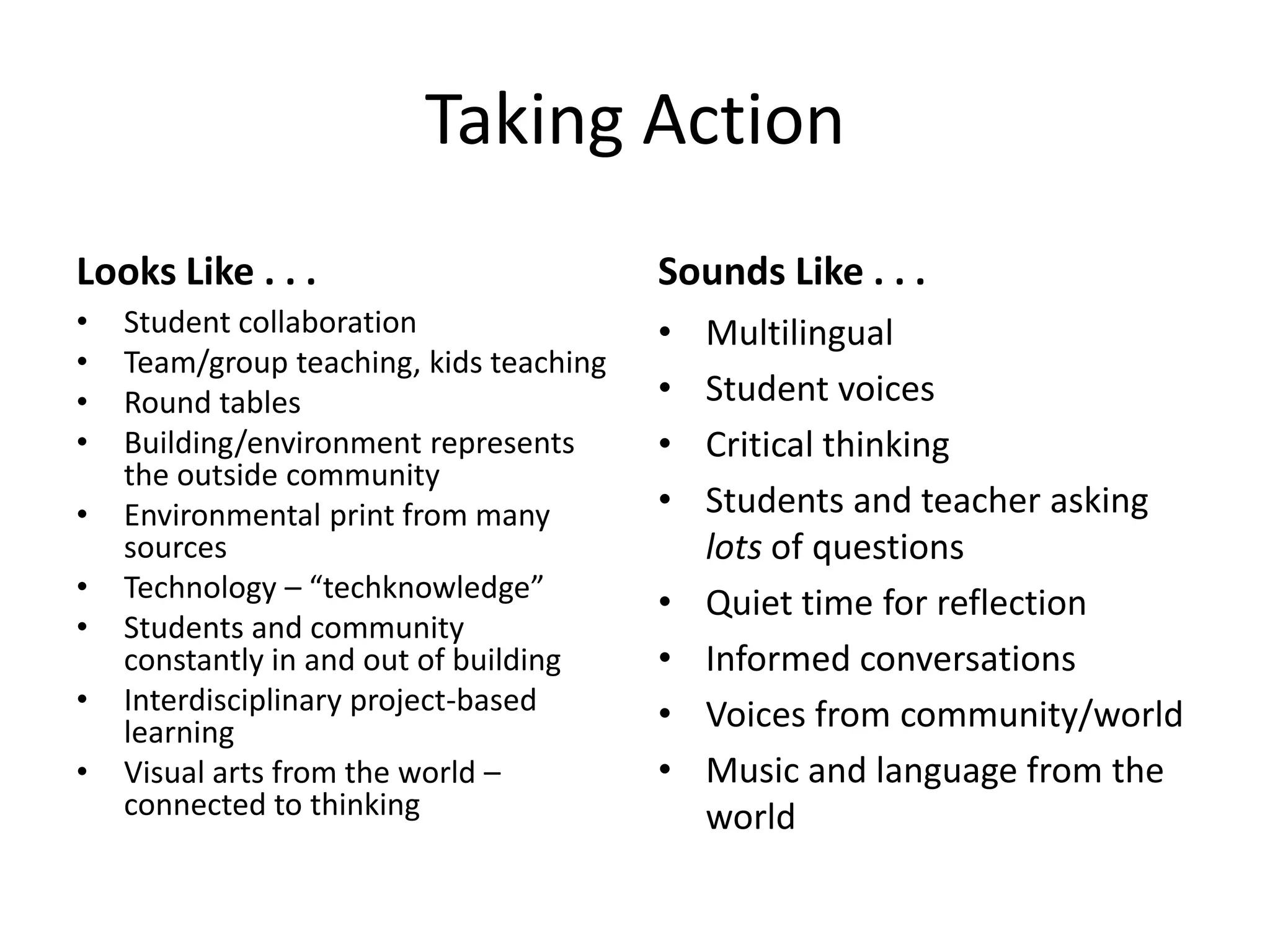 Taking Action
Looks Like . . .                         Sounds Like . . .
•   Student collaboration                •   Multilingual
•   Team/group teaching, kids teaching
•   Round tables                         •   Student voices
•   Building/environment represents      •   Critical thinking
    the outside community
•   Environmental print from many        •   Students and teacher asking
    sources                                  lots of questions
•   Technology – “techknowledge”
                                         •   Quiet time for reflection
•   Students and community
    constantly in and out of building    •   Informed conversations
•   Interdisciplinary project-based      •   Voices from community/world
    learning
•   Visual arts from the world –         •   Music and language from the
    connected to thinking                    world
 