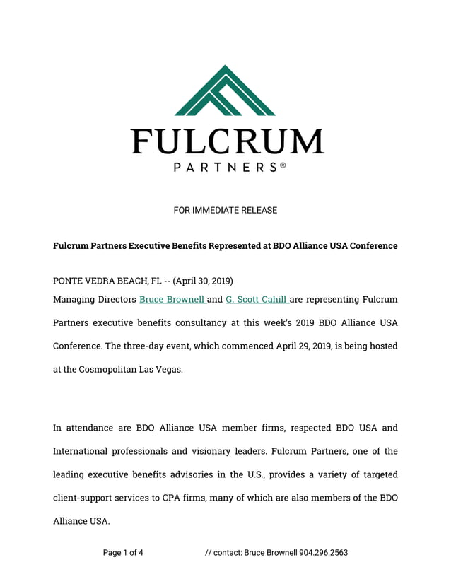 Fulcrum Partners Executive Benefits Represented at BDO Alliance USA