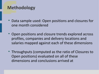 Methodology






Data sample used: Open positions and closures for
one month considered
Open positions and closure trends explored across
profiles, companies and delivery locations and
salaries mapped against each of these dimensions
Throughputs (computed as the ratio of Closures to
Open positions) evaluated on all of these
dimensions and conclusions arrived at

 