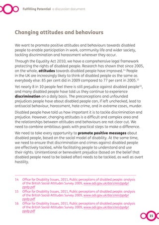 Fulfilling Potential a discussion document




Changing attitudes and behaviours

We want to promote positive attitudes and behaviours towards disabled
people to enable participation in work, community life and wider society,
tackling discrimination and harassment wherever they occur.
Through the Equality Act 2010, we have a comprehensive legal framework
protecting the rights of disabled people. Research has shown that since 2005,
on the whole, attitudes towards disabled people have improved.14 People
in the UK are increasingly likely to think of disabled people as the same as
everybody else: 85 per cent did in 2009 compared to 77 per cent in 2005.15
Yet nearly 8 in 10 people feel there is still prejudice against disabled people16,
and many disabled people have told us they continue to experience
discrimination on a daily basis. The preconceptions and unfounded
prejudices people have about disabled people can, if left unchecked, lead to
antisocial behaviour, harassment, hate crime, and in extreme cases, murder.
Disabled people have told us how important it is to tackle discrimination and
prejudice. However, changing attitudes is a difficult and complex area and
the relationships between attitudes and behaviours are not clear cut. We
need to combine ambitious goals with practical steps to make a difference.
We need to take every opportunity to promote positive messages about
disabled people, based on the social model of disability. At the same time,
we need to ensure that discrimination and crimes against disabled people
are effectively tackled, while facilitating people to understand and use
their rights. Unintentional or benevolent prejudice (based on the belief that
disabled people need to be looked after) needs to be tackled, as well as overt
hostility.



14   Office for Disability Issues, 2011, Public perceptions of disabled people: analysis
     of the British Social Attitudes Survey 2009, www.odi.gov.uk/docs/res/ppdp/
     ppdp.pdf
15   Office for Disability Issues, 2011, Public perceptions of disabled people: analysis
     of the British Social Attitudes Survey 2009, www.odi.gov.uk/docs/res/ppdp/
     ppdp.pdf
16   Office for Disability Issues, 2011, Public perceptions of disabled people: analysis
     of the British Social Attitudes Survey 2009, www.odi.gov.uk/docs/res/ppdp/
     ppdp.pdf
                                                                                           15
 
