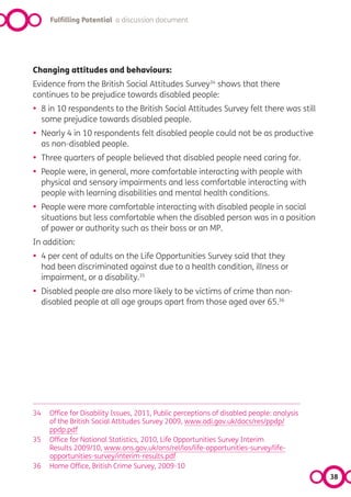 Fulfilling Potential a discussion document




Changing attitudes and behaviours:
Evidence from the British Social Attitudes Survey34 shows that there
continues to be prejudice towards disabled people:
•    8 in 10 respondents to the British Social Attitudes Survey felt there was still
     some prejudice towards disabled people.
•    Nearly 4 in 10 respondents felt disabled people could not be as productive
     as non-disabled people.
•    Three quarters of people believed that disabled people need caring for.
•    People were, in general, more comfortable interacting with people with
     physical and sensory impairments and less comfortable interacting with
     people with learning disabilities and mental health conditions.
•    People were more comfortable interacting with disabled people in social
     situations but less comfortable when the disabled person was in a position
     of power or authority such as their boss or an MP.
In addition:
•    4 per cent of adults on the Life Opportunities Survey said that they
     had been discriminated against due to a health condition, illness or
     impairment, or a disability.35
•    Disabled people are also more likely to be victims of crime than non-
     disabled people at all age groups apart from those aged over 65.36




34     Office for Disability Issues, 2011, Public perceptions of disabled people: analysis
       of the British Social Attitudes Survey 2009, www.odi.gov.uk/docs/res/ppdp/
       ppdp.pdf
35     Office for National Statistics, 2010, Life Opportunities Survey Interim
       Results 2009/10, www.ons.gov.uk/ons/rel/los/life-opportunities-survey/life-
       opportunities-survey/interim-results.pdf
36     Home Office, British Crime Survey, 2009-10
                                                                                             38
 